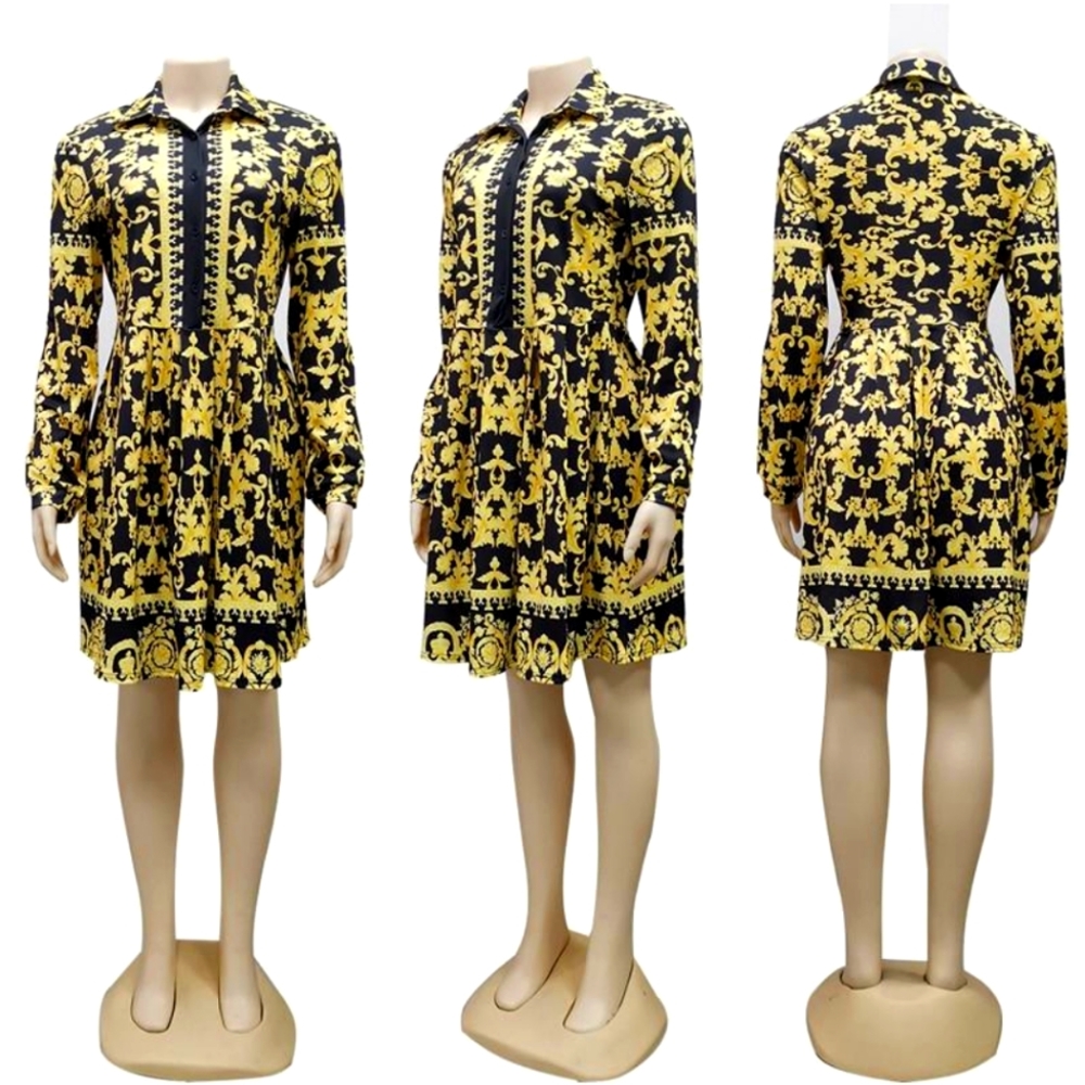 Gold Flora Printed Dresses Designer Vintage Long Sleeve Casual Dress